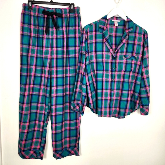 Victoria's Secret Teal Blue and Pink Plaid Flannel 2pc Pockets PJ's Size M - Picture 3 of 16
